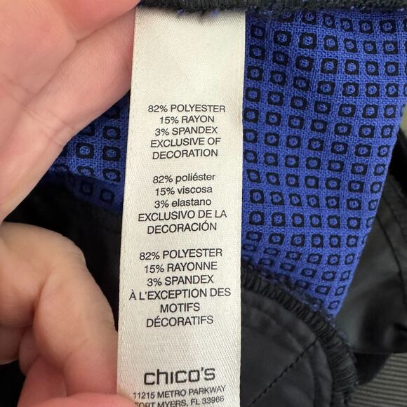 Chicos Slim Leg Pant Womens XL Blue Black Geometric Twill Flat Front Pockets - Picture 6 of 8